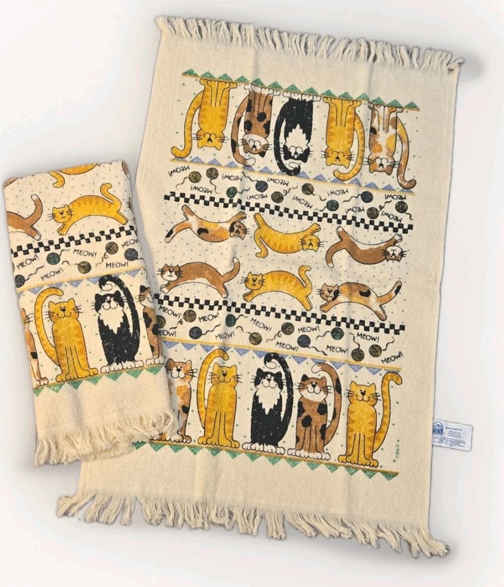 Vintage B&D Playful Smiling Cats Kitchen Towels Set of 2 Cotton Fringe 16x25